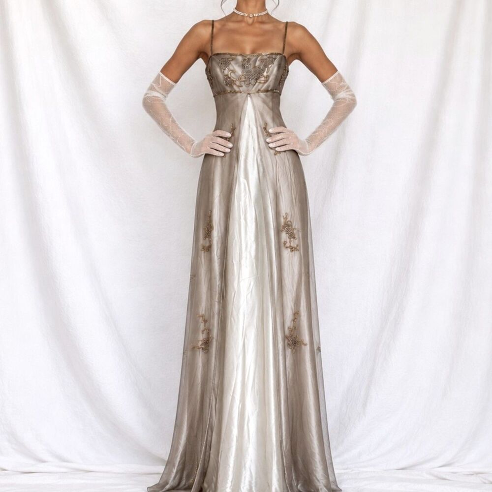 Vintage Y2K Beige Gold Mesh Satin Floral Beaded Formal Maxi Prom Dress Size M/L